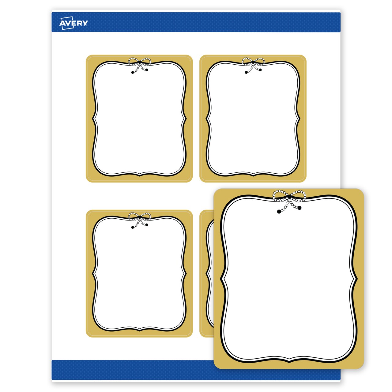 Avery Printable Rectangle Labels with Sure Feed Technology, 4" x 3-1/3", Pre-printed Metallic Gold Border with Black Bow Design, Matte White, Laser & Inkjet Compatible, 40 Total